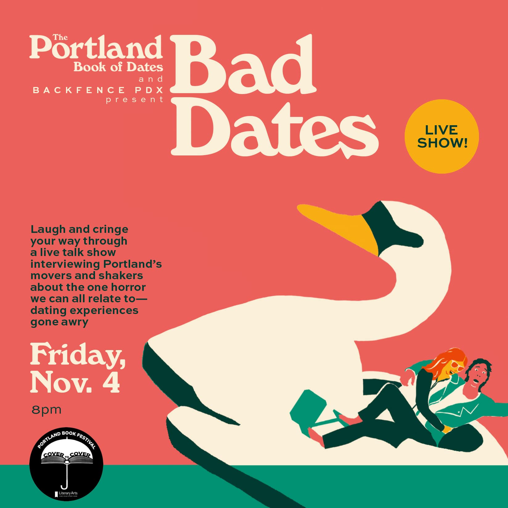 A promotional image for the event, Bad Dates at the Portland Book Festival Cover to Cover program.