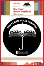 The logo for the Portland Book Festival Cover to Cover program, featuring an umbrella and an open book.