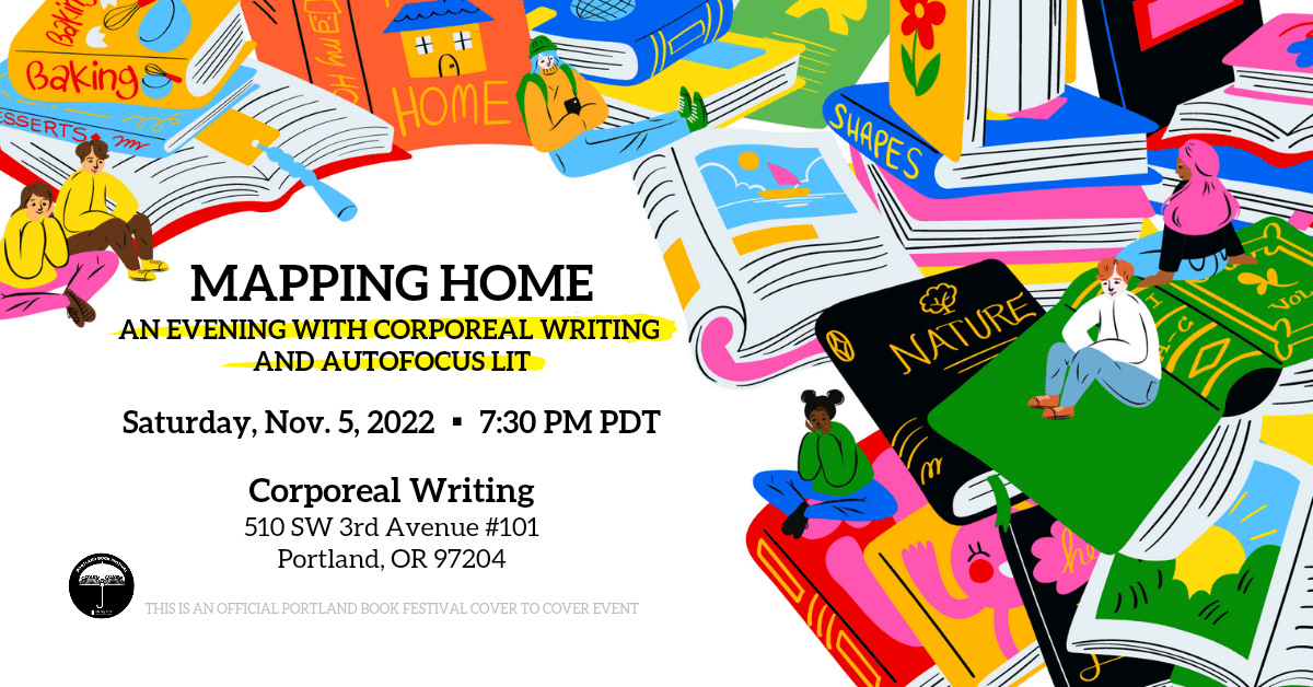 A promotional image for the event Mapping Home for the Portland Book Festival Cover to Cover Program.
