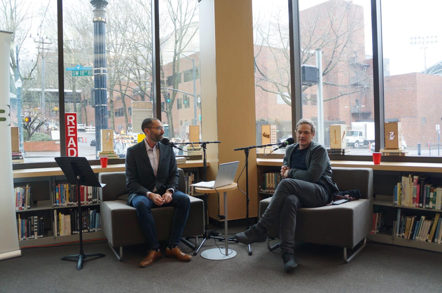 Author Patrick Radden Keefe talks with Think Out Loud host Dave Miller at Lincoln High School. 